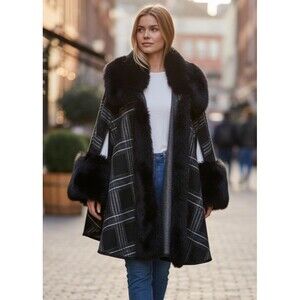 DESIGNER PIA ROSSINI BLACK/ WHITE PLAID FAUX FUR COLLAR AND 3/4 SLEEVES CAPE